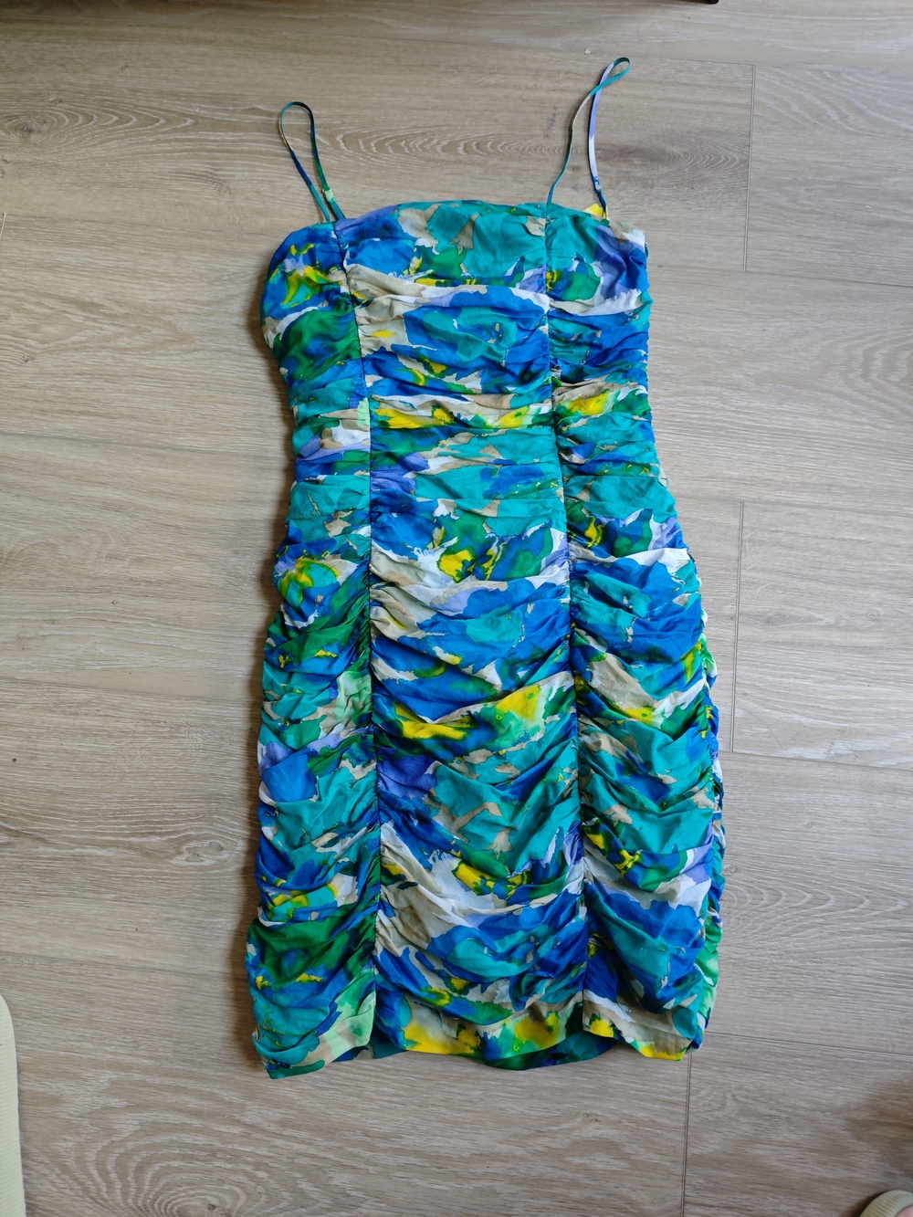 Calvin Klein Oil painting style Blue Green Watercolor Ruched StraplessDress